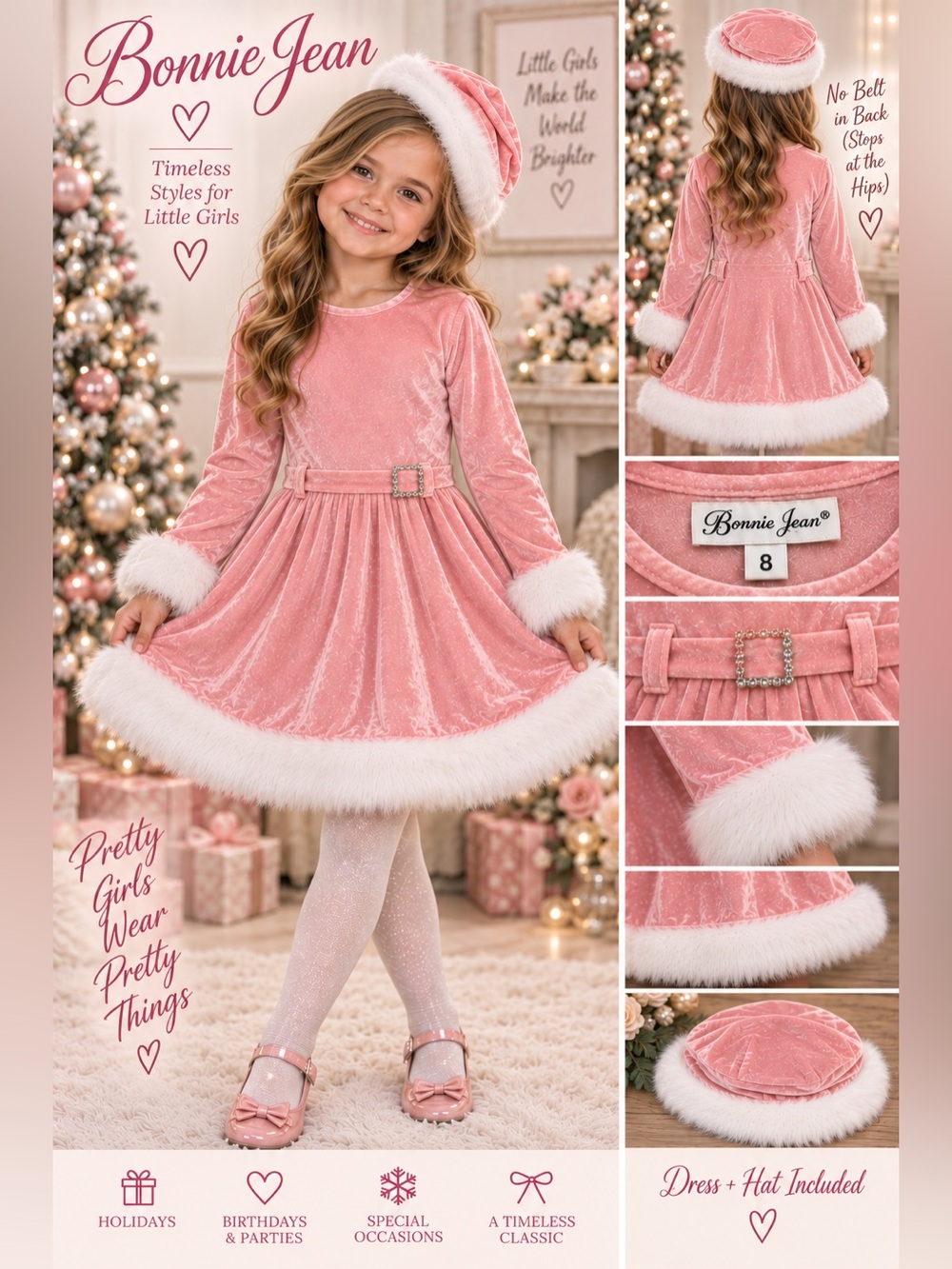 ✨ Bonnie Jean Girls’ Pink Velvet Holiday Dress + Hat | Size 8 ✨